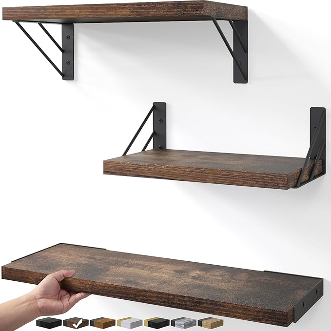 BAYKA Wall Shelves for Bedroom Decor, Floating Wall Shelves for Living Room Kitchen Storage, Wall Mounted Rustic Wood Floating Shelves for Kids Books,Corner Shelves for Bathroom(Set of 3)-Ruum Studio Home
