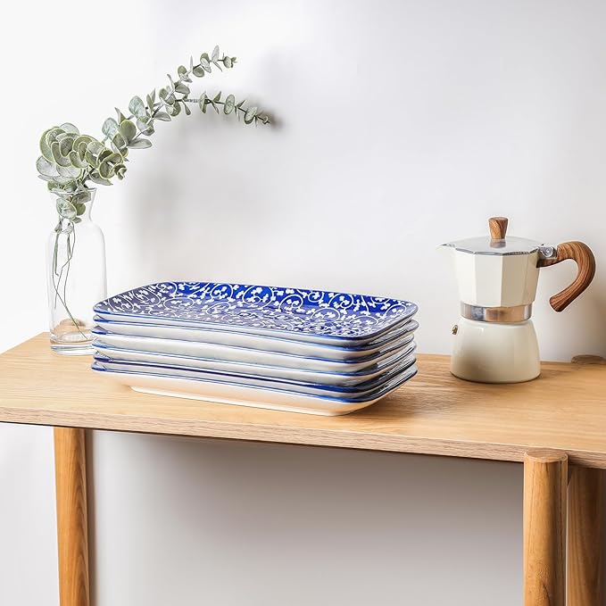 Selamica Ceramic Serving Platters, 12 Inch Serving Trays for Party Entertaining, Large Rectangular Serving Plates for Food, Set of 6, Vintage Blue-Ruum Studio Home