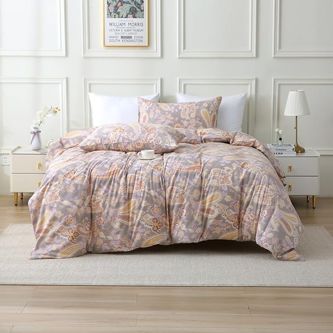 ABREEZE Paisley Bedding Sets 3Pcs Brushed Cotton Duvet Cover Set Queen Size Rustic Damask Gold Floral Comforter Cover with Zipper Closure Boho Bedding Collections-Ruum Studio Home