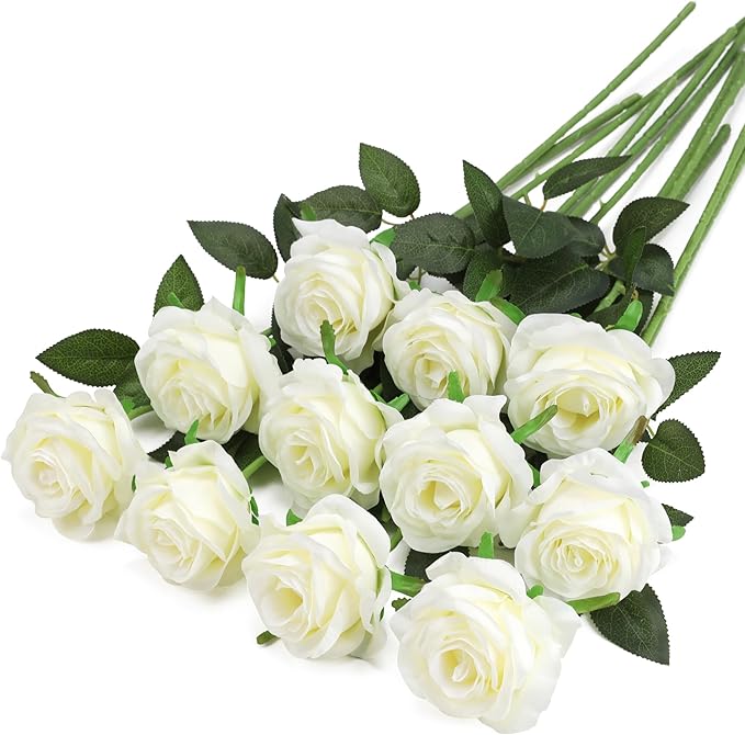 White Fake Roses Artificial Flowers - 10 Pcs Fake Artificial Roses Silk Flowers with Stems for Home Wedding Hotel Office Centerpiece Decor-Ruum Studio Home