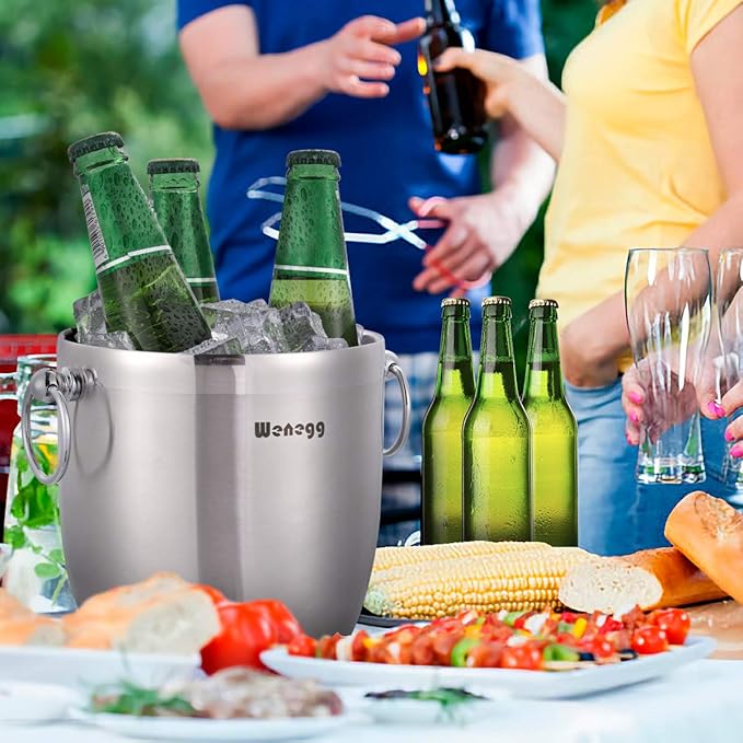 Ice Bucket with Lid, Scoop, Tongs and Strainer - Well Made Insulated Stainless Steel Keep Ice Frozen Longer - Ideal for Cocktail Bar, Parties, Chilling Wine, Champagne - 3 Liter (Stainless Steel)-Ruum Studio Home
