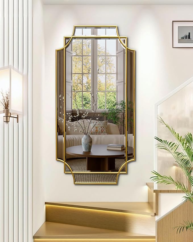 Wall Mirror Full Length, 47" x 24" Gold Framed Full Body Mirror, Scalloped Beveled Polished Decorative Mirrors, Large Rectangle Irregular Wall Mirror for Bathroom/Bedroom/Living Room/Entryway-Ruum Studio Home