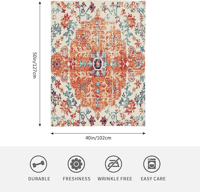 HGOD DESIGNS Carpet Pattern Throw Blanket Boho Style Ethnic Design Orange Blue Soft Blankets and Throws 40x50 Inch Caring for Women Men (100x130cm)-Ruum Studio Home