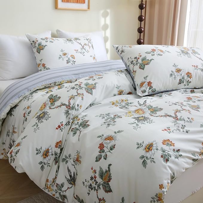 ABREEZE Floral Duvet Cover King Size Set Bird Flowers Bedding Set 100% Brushed Cotton Bedding Collection 1 Duvet Cover with 2 Pillowcases White-Ruum Studio Home