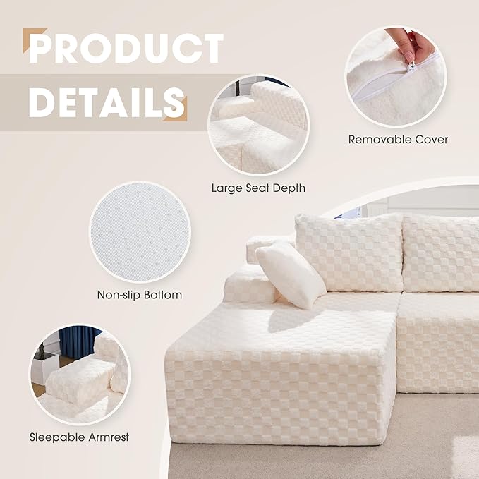 Hobestluk 96” Modular Sectional Sofa Couches L-Shape Couch 3 Seat Modular Sofa Memory Foam Sectional Couches for Living Room, Cloud Couch with Oversized Chaise (White, Checked (Left Facing Chaise))-Ruum Studio Home