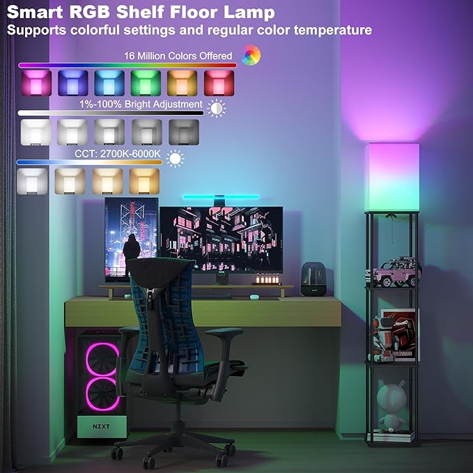 SUNMORY Floor Lamp with Shelves, Smart APP Control Standing Lamps with RGB Bulb, 4-Tier Dimmable Floor Lamps for Living Room, Tall Lamp for Bedroom, Office, Corner Display Bookshelf Lamp-Ruum Studio Home