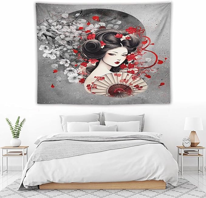Japanese Geisha Tapestry Asian Red Cherry Blossom Red Sun Traditional Kimono Folk Tapestries Home Decor for Living Room Bedroom Apartment Farmhouse Dorm 80"x60"-Ruum Studio Home