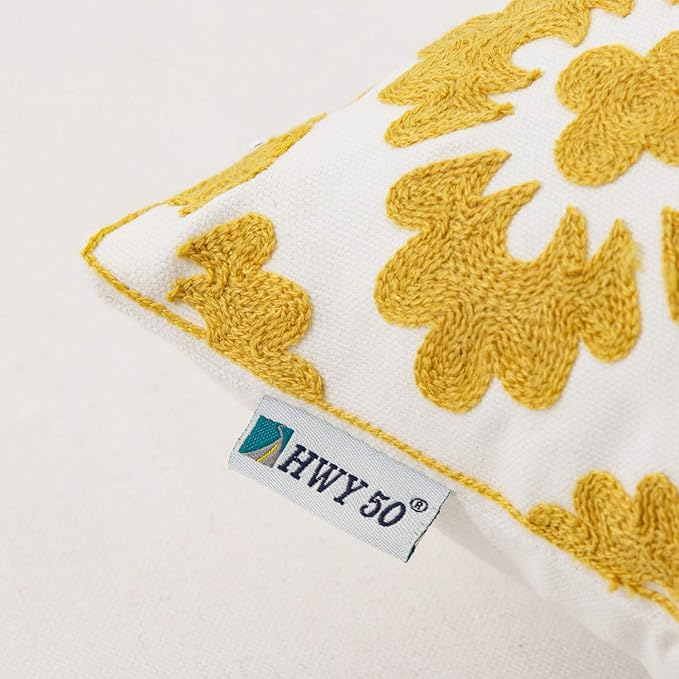 HWY 50 Mustard Yellow Decorative Throw Pillow Covers 18x18 Inch (1 Piece), Embroidered Cotton Farmhouse Cushion Cover Pillow Case for Sofa Couch Living Room Bed, Little Sunflower-Ruum Studio Home