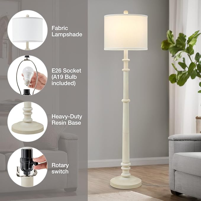 Floor Lamps for Living Room - 60" Resin Farmhouse Floor Lamp with 3 Color Temperatures - Vintage Standing Lamp Reading Light with Linen Shade Retro Tall Lamp for Bedroom Office, Almond White-Ruum Studio Home
