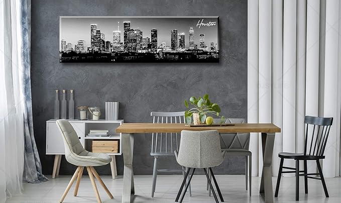 DJSYLIFE Houston Skyline Canvas Wall Art Decor Black & White City Pictures Painting Texas Cityscape Photo Print Artwork for Office Bedroom Living Room Walls Decoration Ready to Hang 13.8"x47.3"-Ruum Studio Home