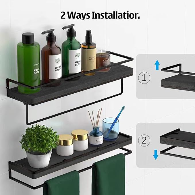 Meangood Floating Shelves Wall Mounted Set of 2, Wall Shelf with Towel Bar Rustic Wood Wall Storage Shelves for Bedroom,Living Room,Bathroom, Kitchen Black-Ruum Studio Home