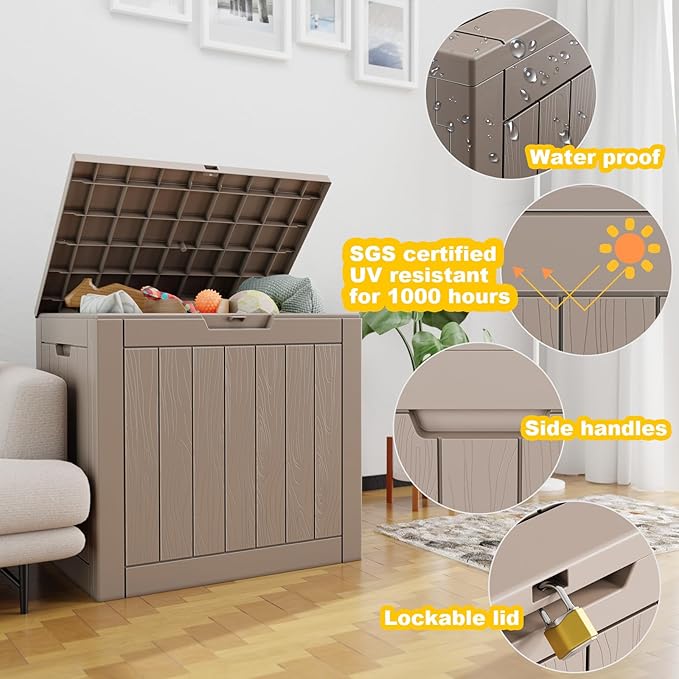 30 Gallon Resin Deck Box, Lockable Outdoor Storage Box for Patio Cushions Storage Furniture,Garden Tools, Pool Supplies, Weatherproof and UV Resistant- Grey-Ruum Studio Home