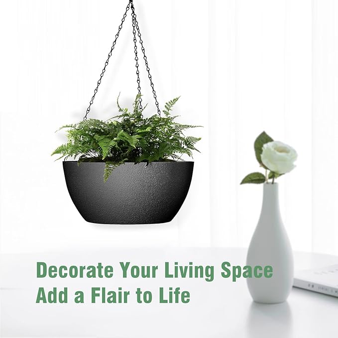 13 inch Large Hanging Planters Plant Pots for Outdoor Indoor Plants with Drainage Holes and Chain, 2 Pack Round Hanging Flower Pots for Garden Home Porch Decor, Black-Ruum Studio Home