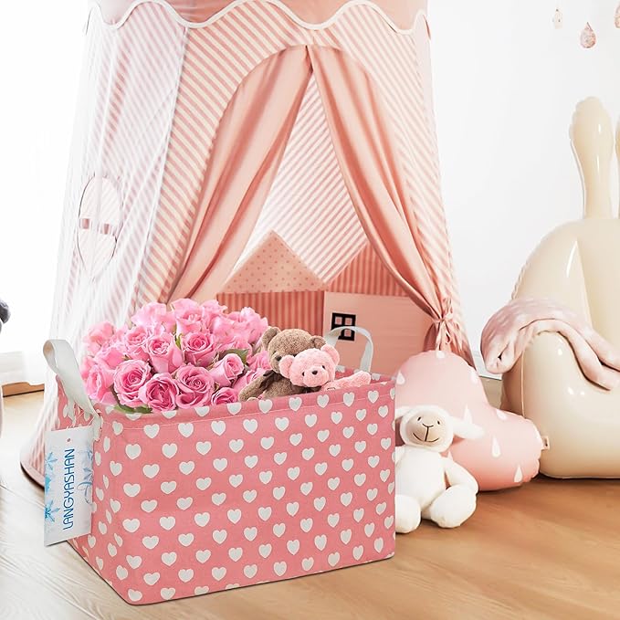 LANGYASHAN Rectangular Storage Bin Collapse Canvas Fabric Cartoon Storage Basket with Handles for Organizing Home Kitchen Boys and Girls Toys Office Closet Shelf Baskets (Rec pink heart)-Ruum Studio Home