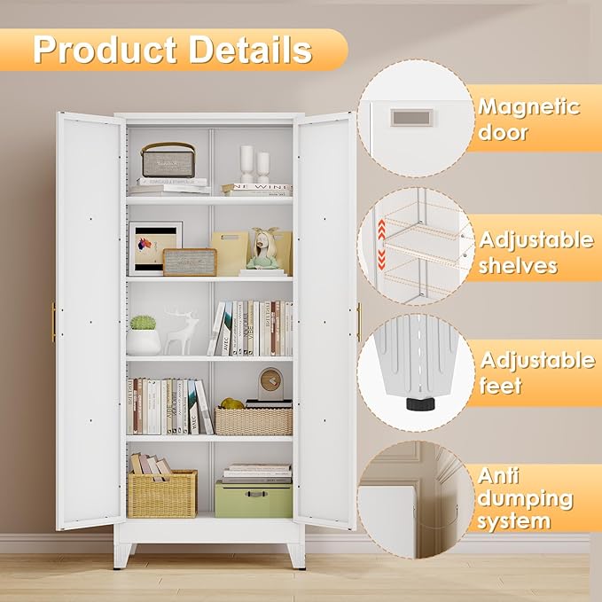 71" H Metal Kitchen Pantry Storage Cabinet, Freestanding Cupboard with 2 Doors and 4 Adjustable Shelves, Standing Storage for Kitchen, Bathroom, Garage, Dinning Room or Utility Room（White）-Ruum Studio Home