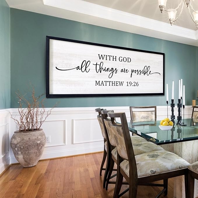 With God All Things are Possible Framed Wall Art, 40''×15'' Positive Holy Religious Rustic Bible Verse for Christian God Jesus Christ Prayer, Vintage Horizontal Inspirational Catholic Scripture Decor-Ruum Studio Home