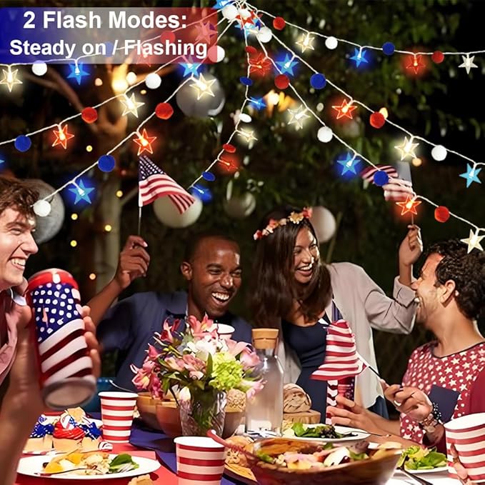 4th of July Decorations 9.85FT Red White and Blue Star String Lights Pom Pom Star Lights Battery Operated with Timer Fairy Lights for Independence Day Memorial Patriotic Fourth of July Decor for Home-Ruum Studio Home
