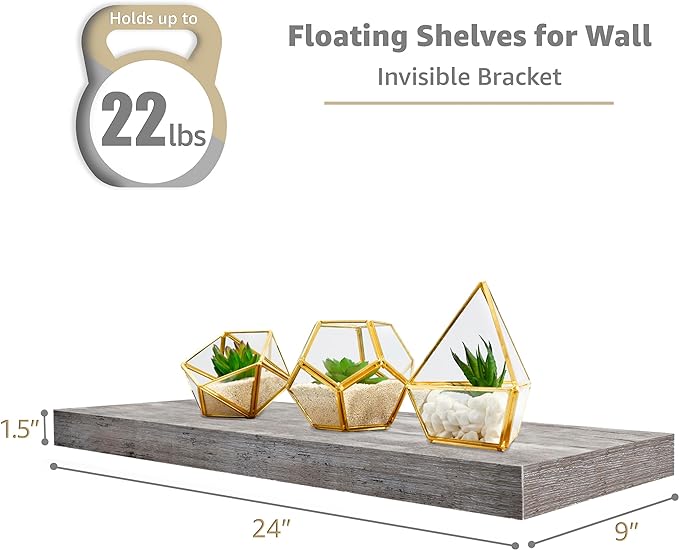 Sorbus Floating Shelves for Wall - 24" Bathroom Shelves, Wall Decor for Bedroom, Kitchen, Living Room, Home Decor & Book Storage - Mounted Floating Shelf with Invisible Brackets (Gray, 4 Pack)-Ruum Studio Home