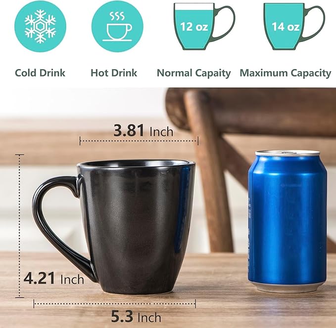 vicrays Coffee Mug Set, 12 Ounce, Ceramic Mug for Men, Women, Unique Glazed Mugs with Handle for Coffee, Tea, Milk, Cocoa, Cereal - Set of 6 Black-Ruum Studio Home