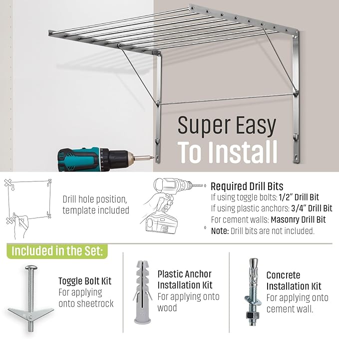 Smartsome | Wall Mounted | Clothes Drying Rack| 22" Wide |15 Linear Feet Capacity | 8 Smooth Round Stainless Steel Rods | 60 lb Capacity | Fully Assembled | Compact Sturdy Space-Saving Design-Ruum Studio Home