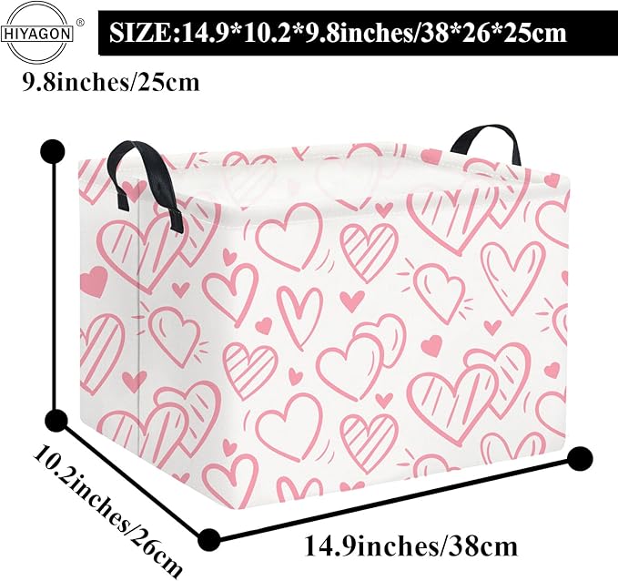 HIYAGON Rectangular Pink Basket Kids Baby Storage Bin Toy Basket Organizer Box for Girls Love Room Decor(Pink Striped Heart)-Ruum Studio Home