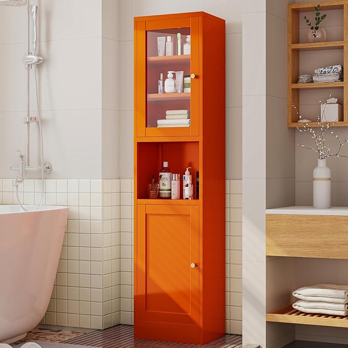 67" Tall Bathroom Storage Cabinet, Narrow Metal Floor Cabinet with Glass Door and Adjustable Shelves, Freestanding Metal Locker for Laundry, Kitchen, Dining Room-Ruum Studio Home
