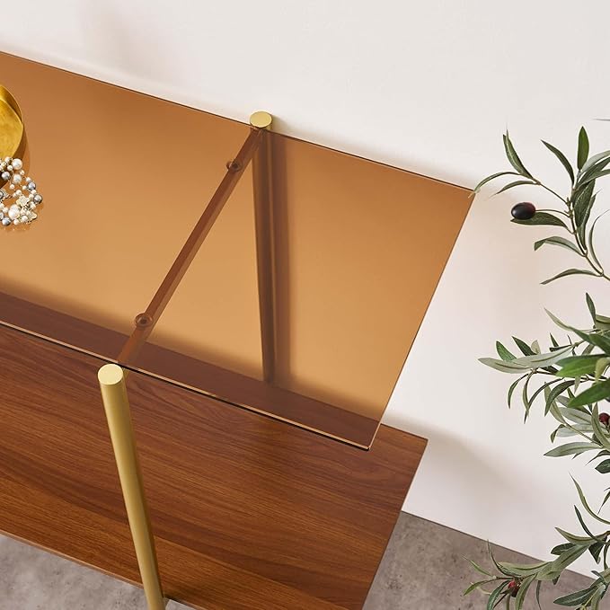 Extra Large Glass Console Table for Living Room, Foyer & Entrance, L47 x W16 x H31, Mid-Century Modern Sofa Table with Amber Glass Top, Walnut Finish Wood Top and Gold Finish Metal Frame-Ruum Studio Home