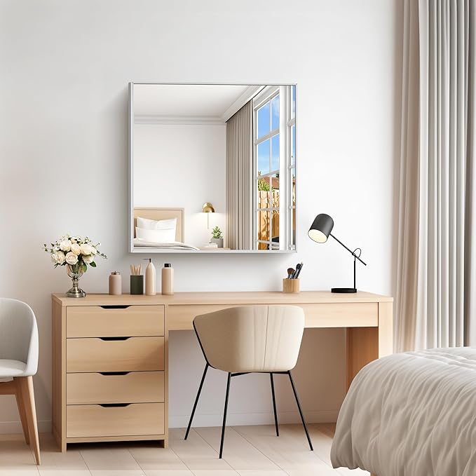 Silver Bathroom Mirror for Wall, 30x30 Inch Rectangle Mirrors with Metal Frame, Modern Vanity Wall Mirror Decor for Bathroom Living Room, Entryway Hangs Horizontal or Vertical-Ruum Studio Home
