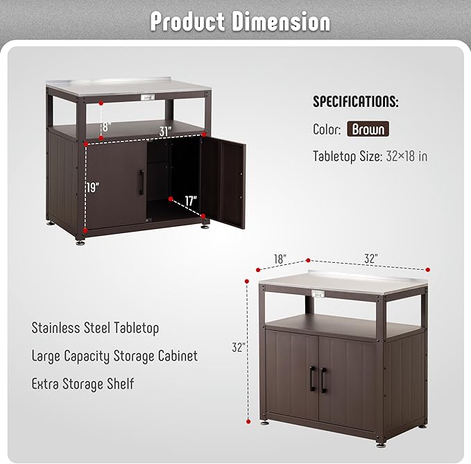 Garden Potting Bench with Storage Cabinet,Outdoor Gardening Table & Work Bench for Plants, Horticulture,Outdoor Workstation with Stainless Steel Tabletop,Outdoor Work Table-Ruum Studio Home