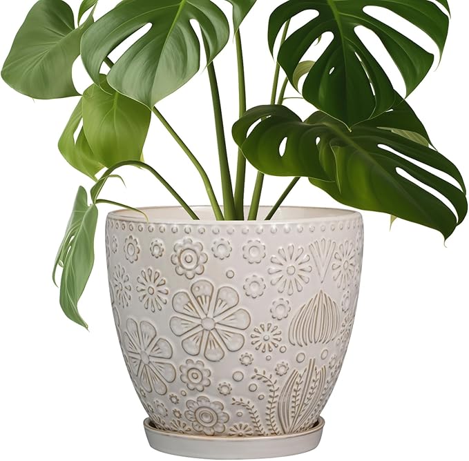 Ceramic Planter 8 Inch Plant Pot with Drainage Hole and Saucer Ceramic Pots for Indoor Plants Outdoor Large Flower Pot for Home Decor White-Ruum Studio Home