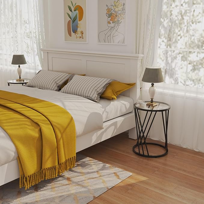 Round Side Table, Modern End Tables for Living Room Office Small Spaces, Glass Black End Table with Metal Frames, Nightstand for Bedroom, Bedside Furniture, Easy Assembly-Ruum Studio Home