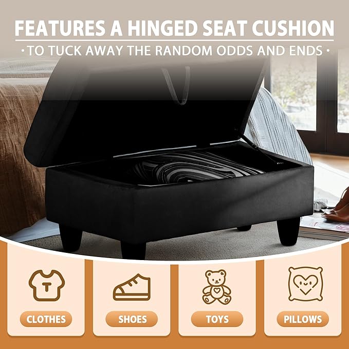 Ottoman Rectangular Storage Ottoman Bench, Flannel Footrest Stool Footstool with Lid for Living Room, Bedroom, Entryway, Black, 28.5"x19"x17.5"-Ruum Studio Home