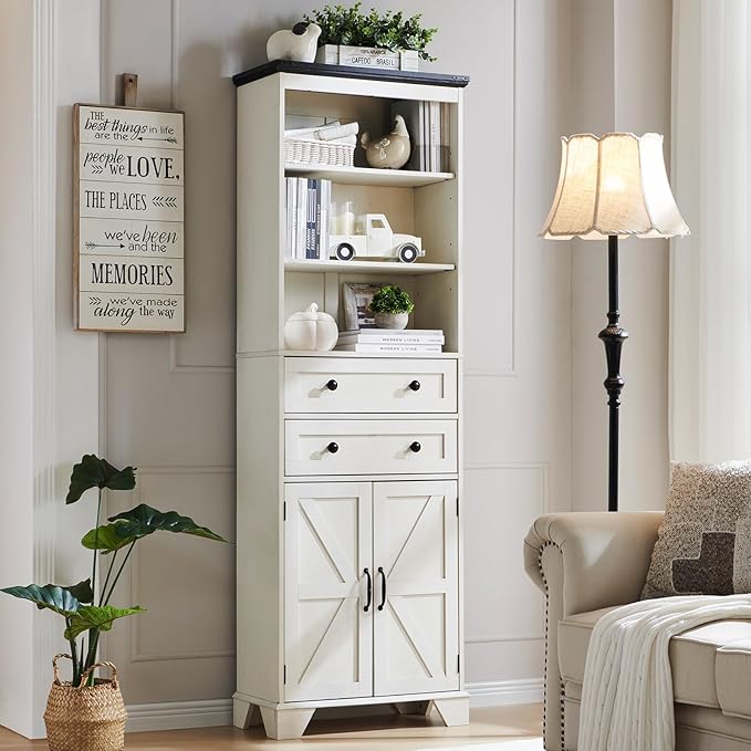 72" Tall Bathroom Storage Cabinet, Farmhouse Storage Cabinet with 2 Drawers, Adjustable Shelves & Barn Door, Cabinet for Bathroom, Living Room, Kitchen, Off White-Ruum Studio Home