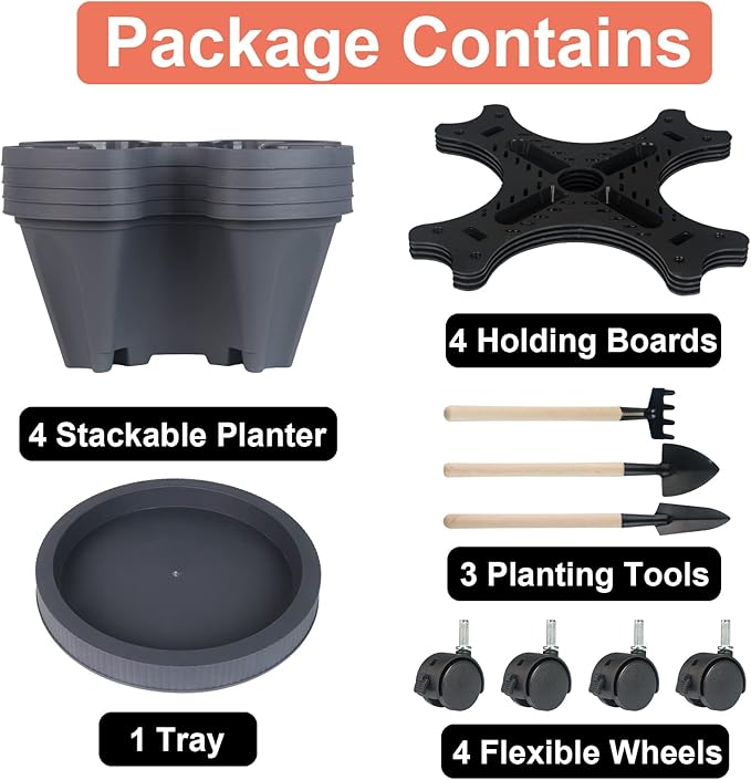 Vertical Planter 4 Tier Stackable Planters Garden Planters Strawberry Herb Flower and Vegetable Planter Indoor Outdoor Gardening Pots with Removable Wheels and Tools-Ruum Studio Home
