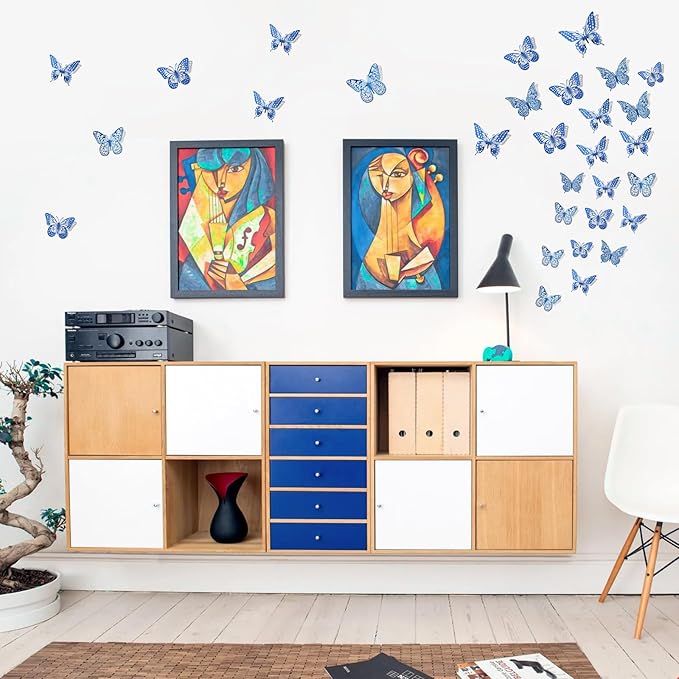 SAOROPEB Butterfly Wall Stickers, 48 Pcs 4 Styles 3 Sizes, Metallic Paper, Removable, Navy Blue, Art Deco Decor for Wall-Ruum Studio Home