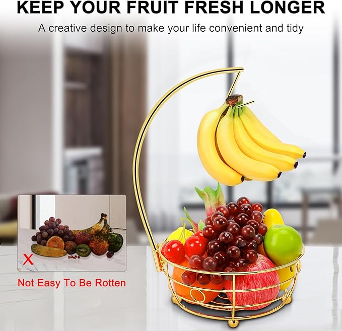 Livabber Countertop Fruit Basket Bowl with Banana Hanger, Modern Standing Fruit Vegetable Bowl Storage, with Banana Tree Holder for Kitchen Dinning Table (Round Metal, Gold)-Ruum Studio Home