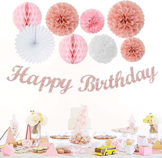 Light-Pink Rose-Gold Birthday Garland Party-Decorations - 14pcs Happy Banner Women Paper Flowers Lanterns Tissue Pom Poms,Streamers Fans Honeycomb Girls Adult Women Kids Hanging Supplies Decor Hugfond-Ruum Studio Home