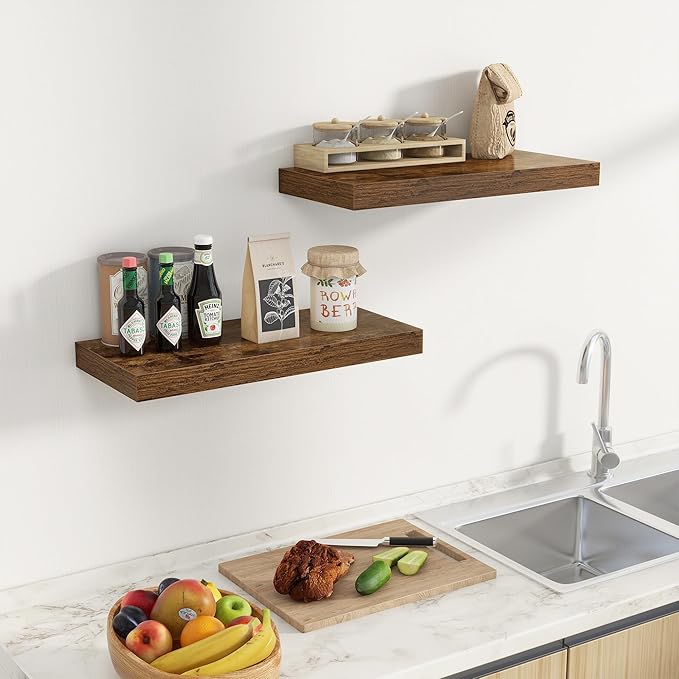 Fun Memories 24 Inch Floating Shelves Wall-Mounted, 10 Inch Deep Wall Shelves, 24 x 10 Floating Shelf for Living Room Bathroom Bedroom, Rustic Brown, Set of 2-Ruum Studio Home