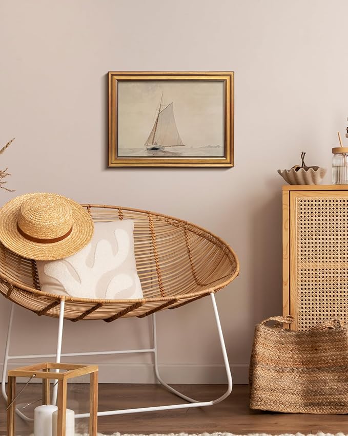 HUARCEY Gold Framed Vintage Wall Art for Living Room, Seaview Painting Prints Shelf Decor for Kitchen, Aesthetic Bedroom Wall Art, Christmas Gifts for Friends or Family (White Sailboat - 12"x16")-Ruum Studio Home