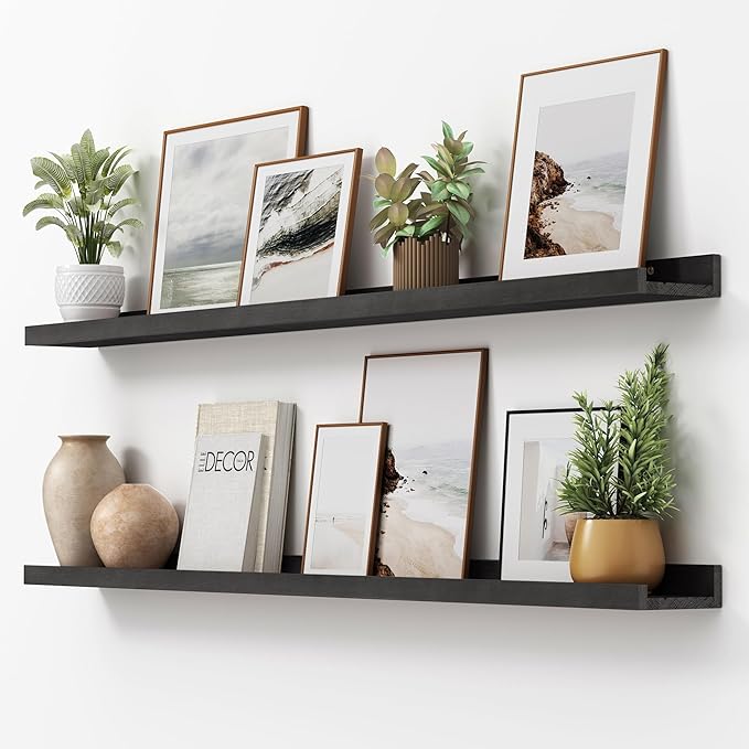Picture Ledge Shelf, Floating Shelves Set of 2, Solid Pine Wood 55'' Long Large Nursery Book Shelves for Toys Storage, Kids Bookshelf for Living Room Bedroom Decor Books Photo Frames, Black-Ruum Studio Home