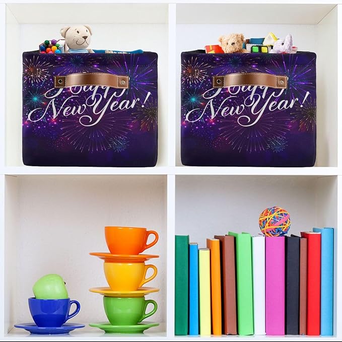 Storage Basket Happy New Year Cube Storage Bins Organizer Bag Collapsible Closet Shelf Baskets with handle for Baby Cloth Pet Toy Book 14.2×10.2×8.3 IN-Ruum Studio Home