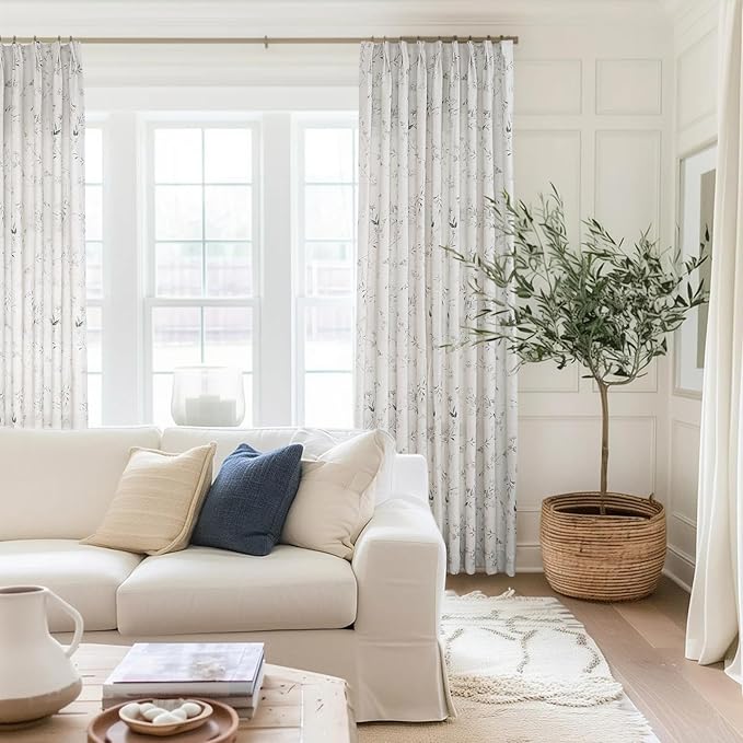 Pinch Pleated Floral Linen Curtains, 40 Inch Wide by 82 Inch Long Printed Curtains for Privacy Light Filtering, Suitable for Living Rooms and Sunrooms.2 Panels-Ruum Studio Home