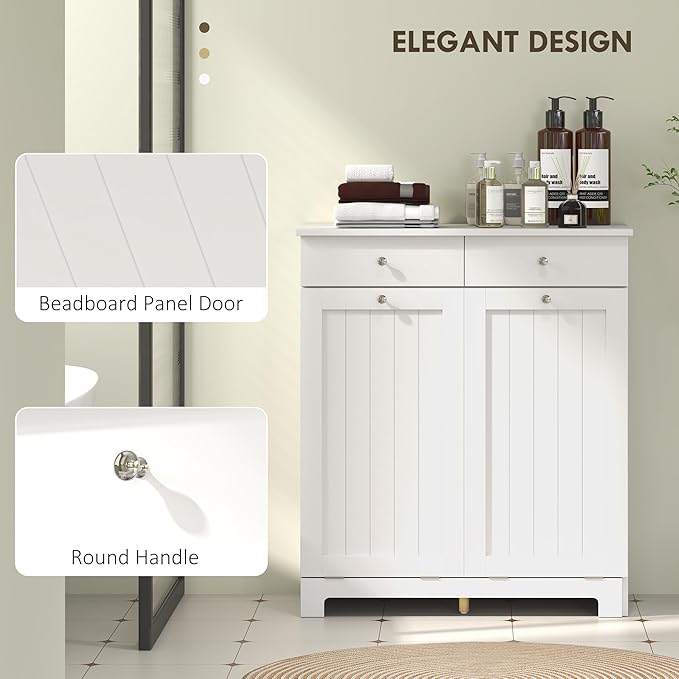 HOMCOM Laundry Hamper Cabinet with 2 Removable Baskets, Tilt Out Laundry Hamper Cabinet with 2 Drawers and 2 Beadboard Doors, Laundry Cabinet Bathroom Storage Cabinet, White-Ruum Studio Home