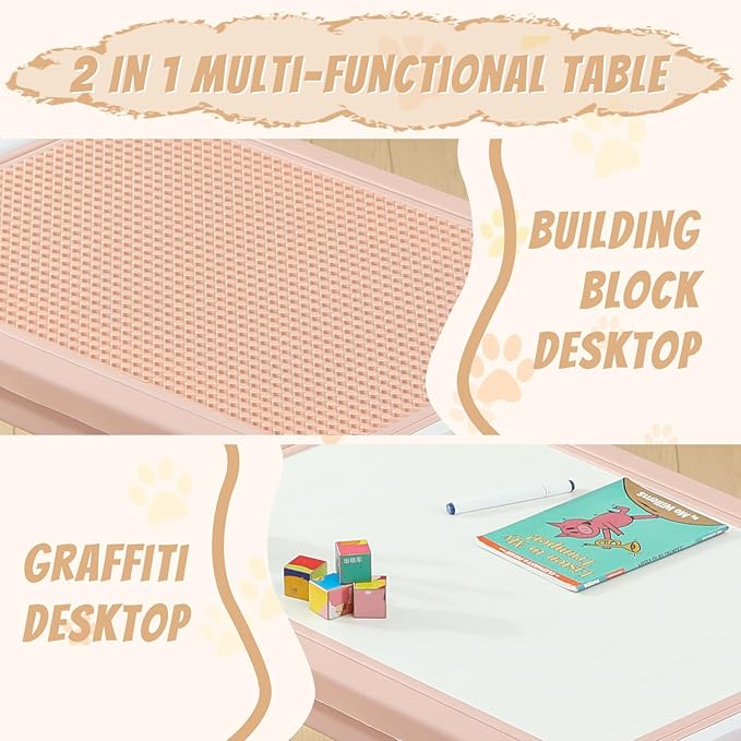 Multi Functional Kids Table and 2 Chairs Set, Graffiti & Building Blocks Double-Sided Tabletop, Toddler Play Table with Drawers, Large Storage Space, Gift for Boys/Girls, Pink-Ruum Studio Home