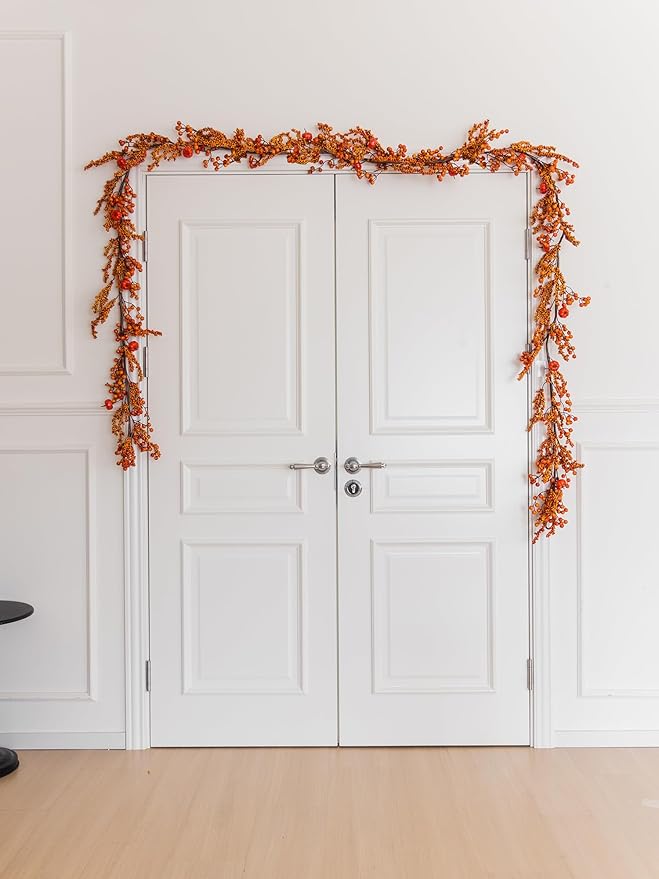 MISSPIN 6FT Pumpkin Berry Garland, Halloween Garland Fall Maple Leaf Artificial Hanging Autumn Vine Leaf Fall Decor Black Maple Fall Leaf Christmas Thanksgiving Halloween Home Decor-Ruum Studio Home