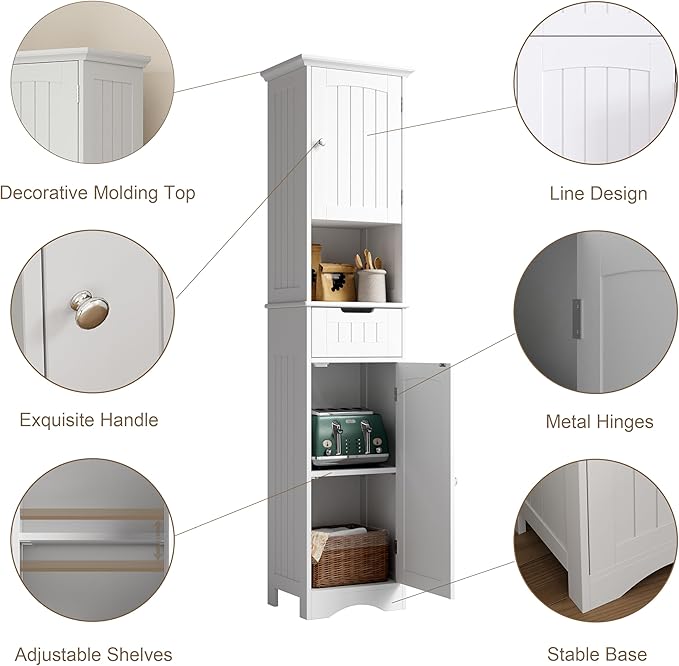 ChooChoo 67" Tall Bathroom Storage Cabinet Freestanding with Adjustable Shelves, Narrow Storage Linen Cabinet with 2 Doors and 1 Drawers for Bathroom, Living Room, Kitchen, White-Ruum Studio Home