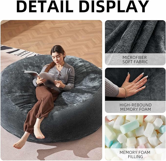 Bean Bag Chair 6Ft, Memory Foam Filled, Large Beanbag Chairs for Adults and Teens, Soft Sofa with Removable Flannel Cover, Round Couch for Living Room Bedroom College Dorm (Dark Gray, 6FT-67×67"×24")-Ruum Studio Home