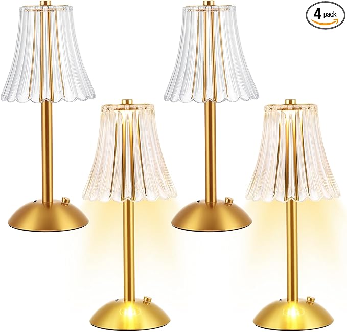 Liliful 4 Pcs LED Portable Cordless Table Lamp Touch Battery Operated Rechargeable Desk Lamp 3 Color Dimmable for Bedroom Living Room Dining (Rose Style,Gold)-Ruum Studio Home