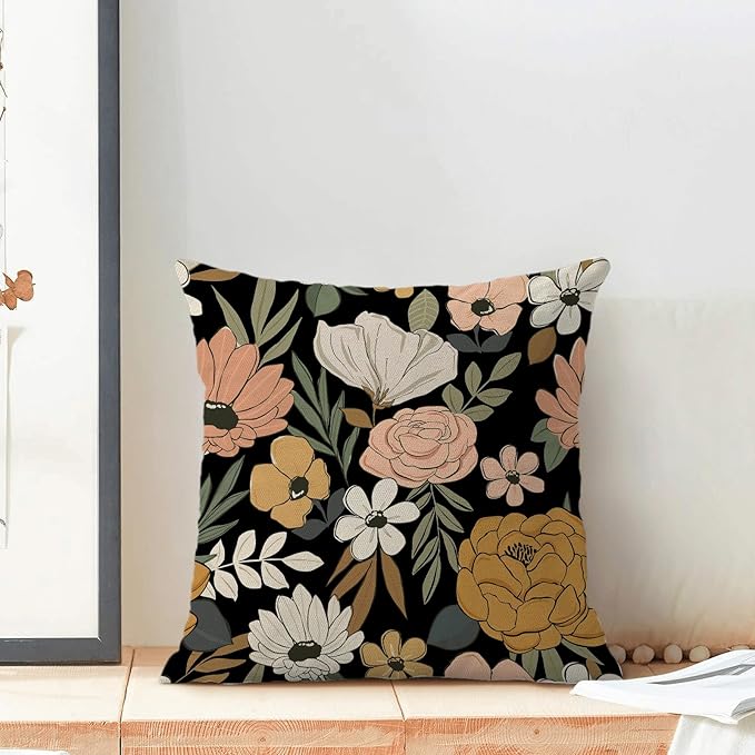 CXMEIFLY Spring Floral Pillow Covers 18 x 18 Inch Set of 2 for Vintage Pink Mustard Yellow Cream Flowers Decor Throw Pillows Plant Black Outdoor Decorative Cushion Cases for Couch Bed Decorations-Ruum Studio Home