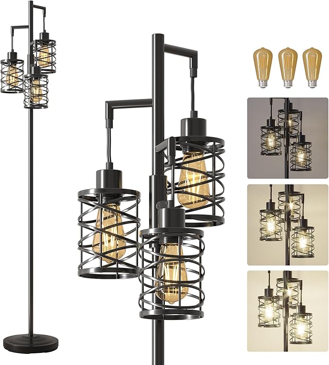 Oneach 70" Industrial Floor Lamp, Stepless Dimmable Standing Lamp with 3 Bulbs, Farmhouse Corner Standing Tree Lamp for Living Room, Tall Lamps for Bedroom, Office, Study Room, Dining Room, Black-Ruum Studio Home